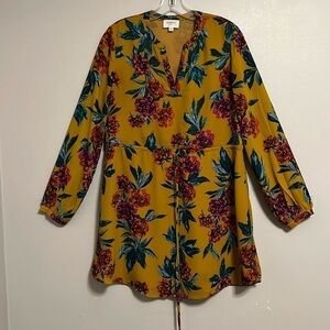 Everly Long Sleeve V Neck Mustard Yellow Floral Dress Drawstring Waist Size‎ M